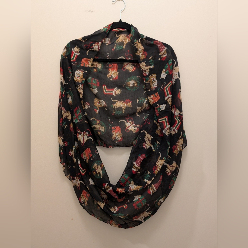 Festive Black Sheer Infinity Scarf with Holiday Cat Print
